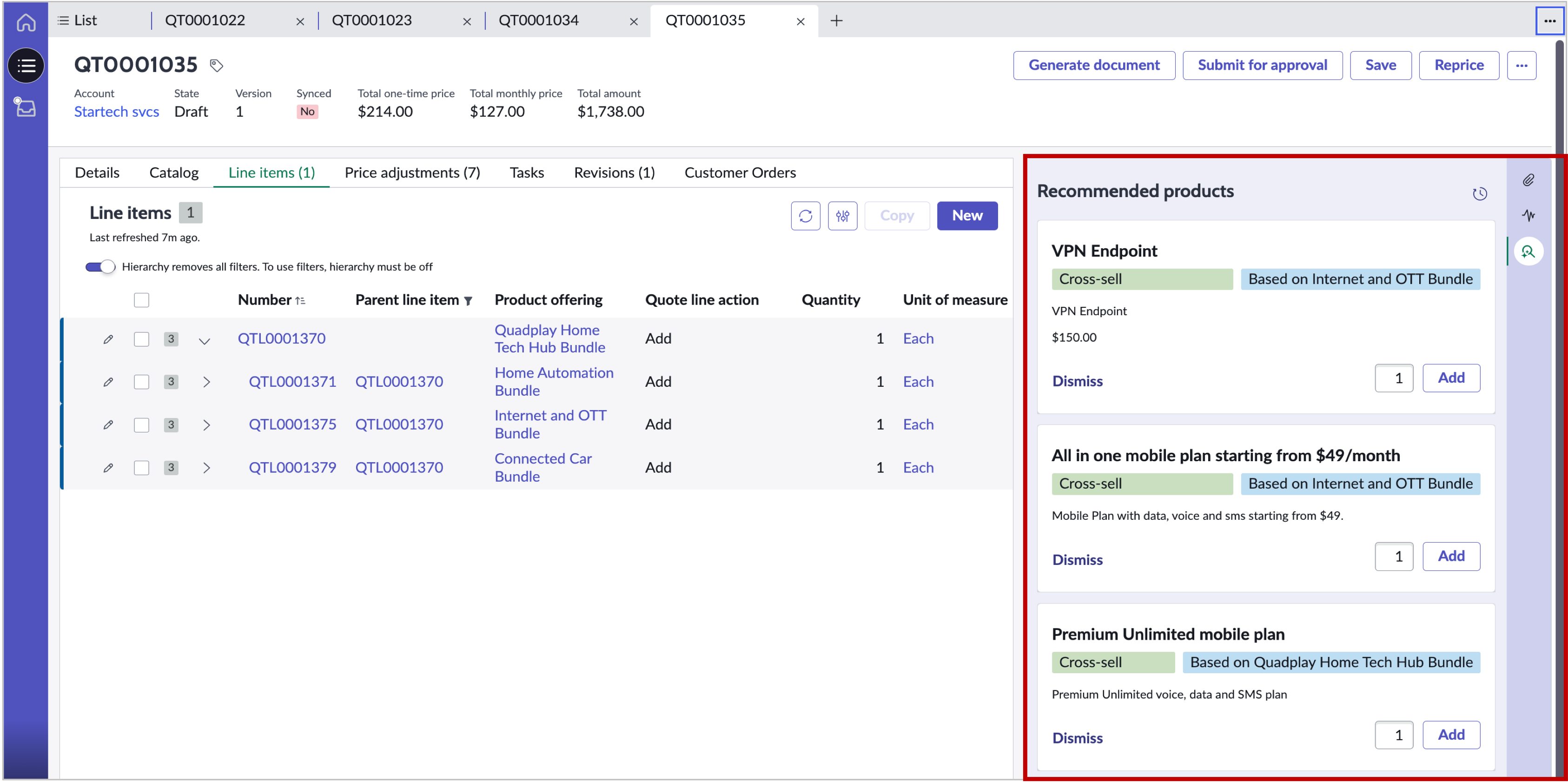 Contextual side panel in the CSM Configurable Workspace that displays product offering recommendation cards, which are described in the next section
