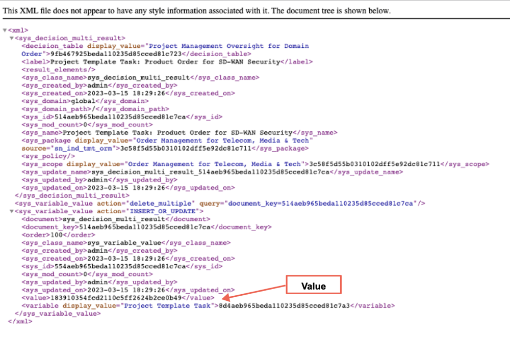 XML that shows the sys_id value of the project template task