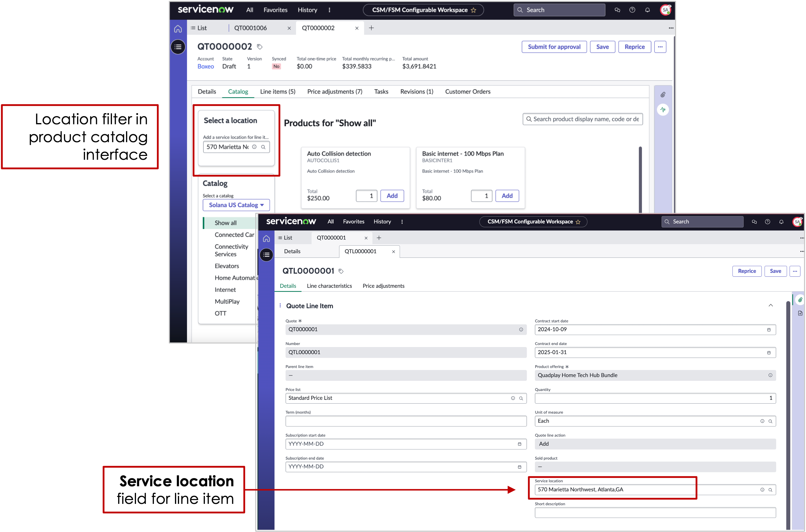 Quote product catalog interface with location filter and quote line item view with Service location field