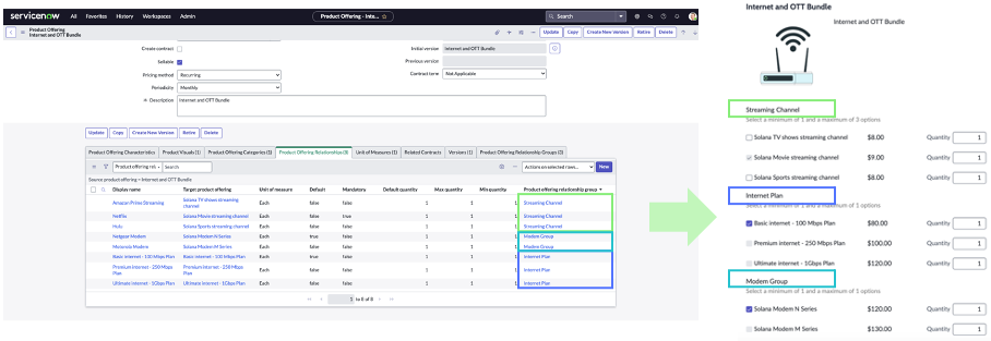 The image shows the product configurator in the Sales and Order Management application that lets agents select options when building product orders.