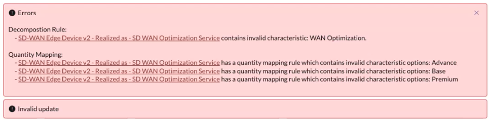 Message showing a list of all the validation errors and their details. To more information, refer to the following description.