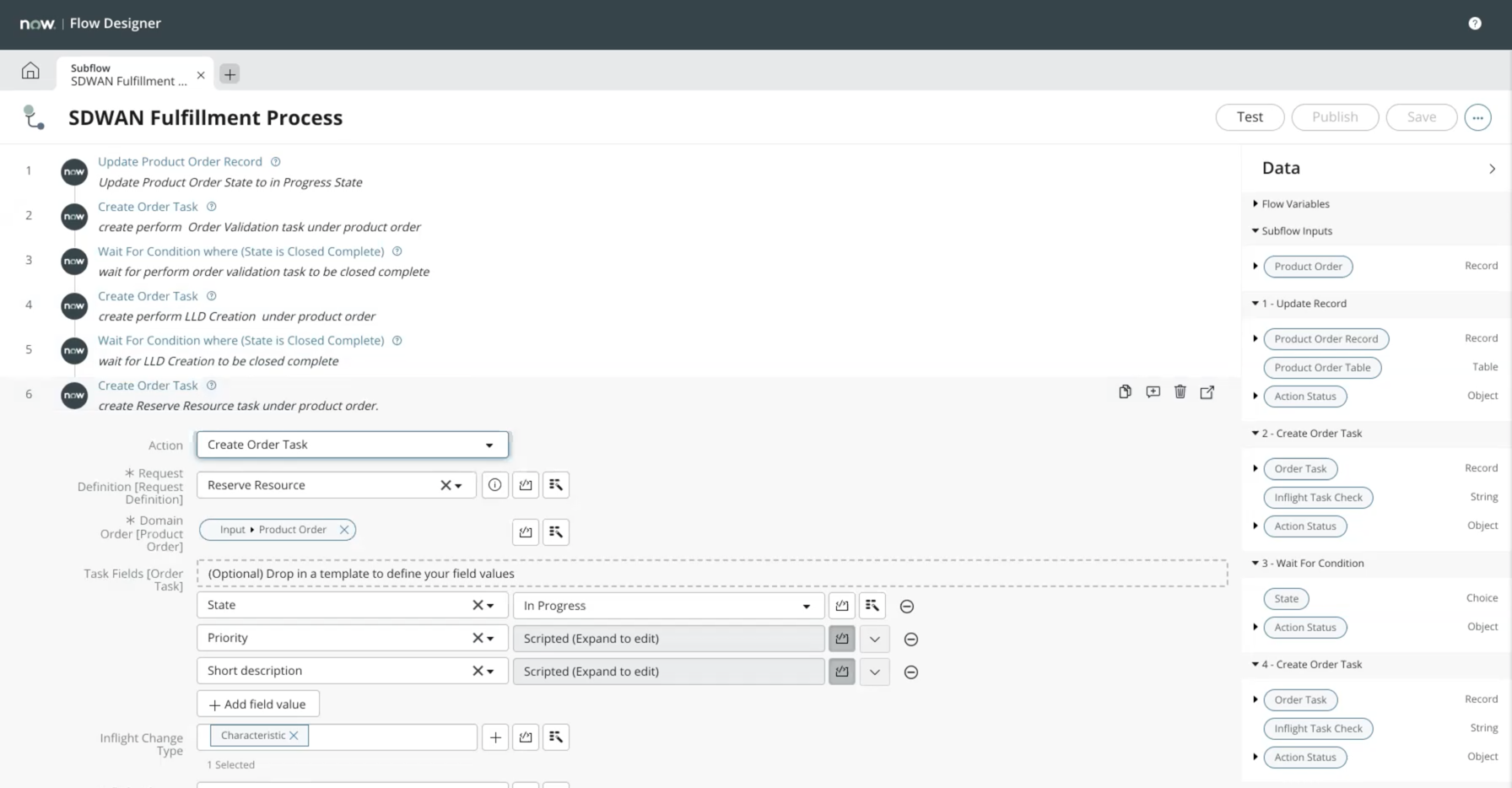 Subflow tab view showing fields to create an order task using request definition. For text description, refer to the text that follows.