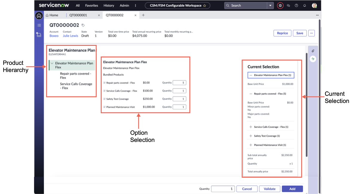 Interface for adding configurable products that has sections for navigating the product hierarchy, selecting product and characteristic options, and reviewing the current selection with pricing