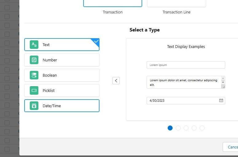 Select data type screen