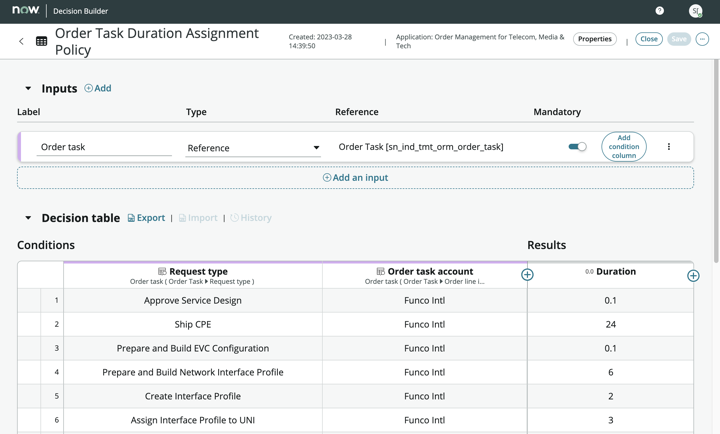 The image shows the Order Task Duration Assignment policy window in Workflow Studio.