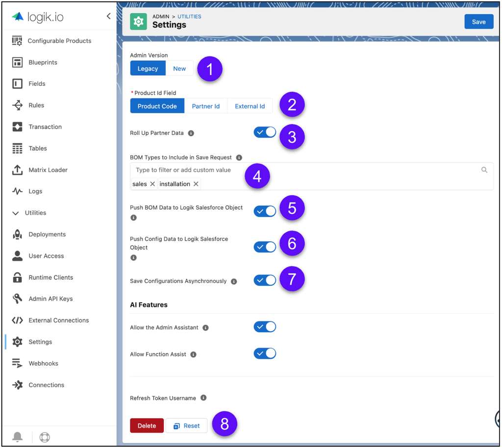 Interface do usuário das configurações do administrador