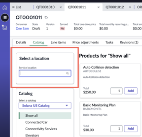 Dialog box in the Catalog tab for the quote, to enter a location