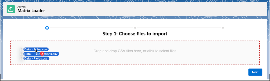 Drag and drop or use the file browser to select the CSV files