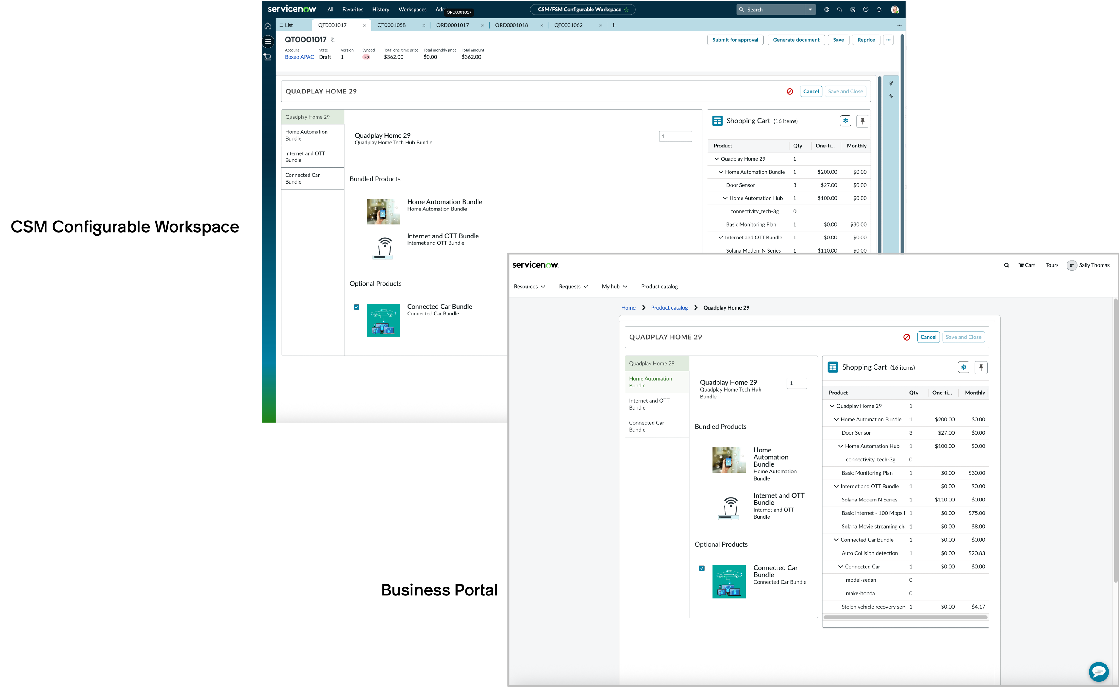 Example product bundle displayed in the CSM Configurable Workspace and the Business Portal.
