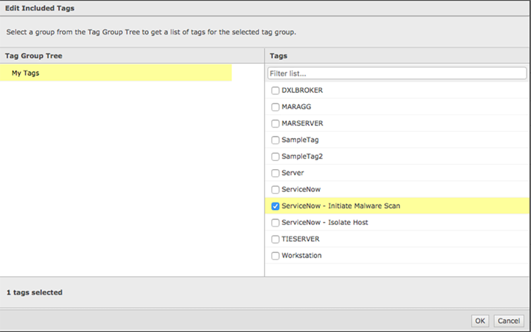 ServiceNow initiate malware scan tag selected and highlighted in McAfee ePO.
