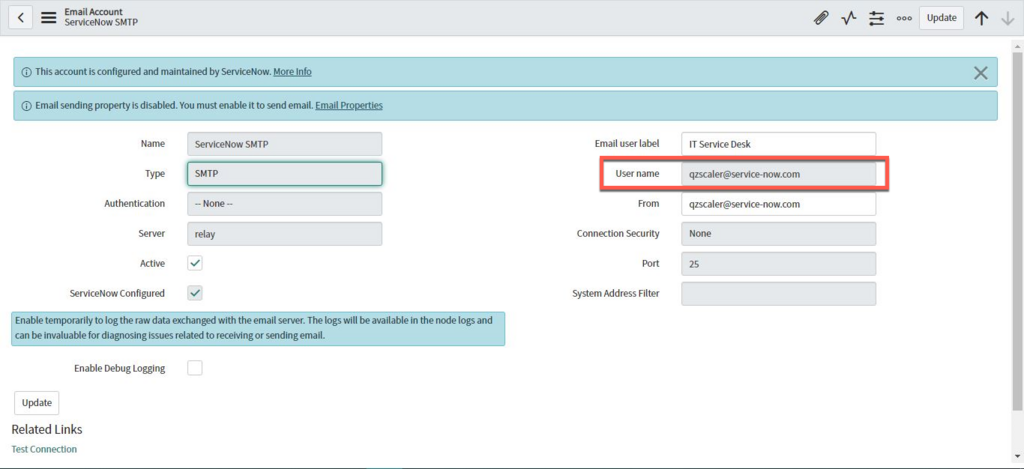 SMTP 계정의 사용자 이름입니다 ServiceNow AI Platform .