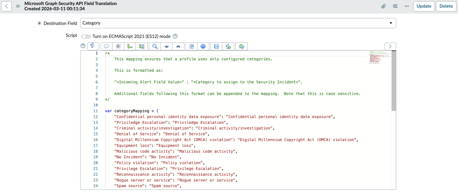 Microsoft Graph Security API Field Translation