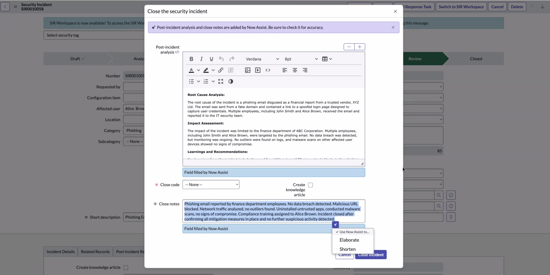 Close the security incident - Resolution notes generated in Core UI16.