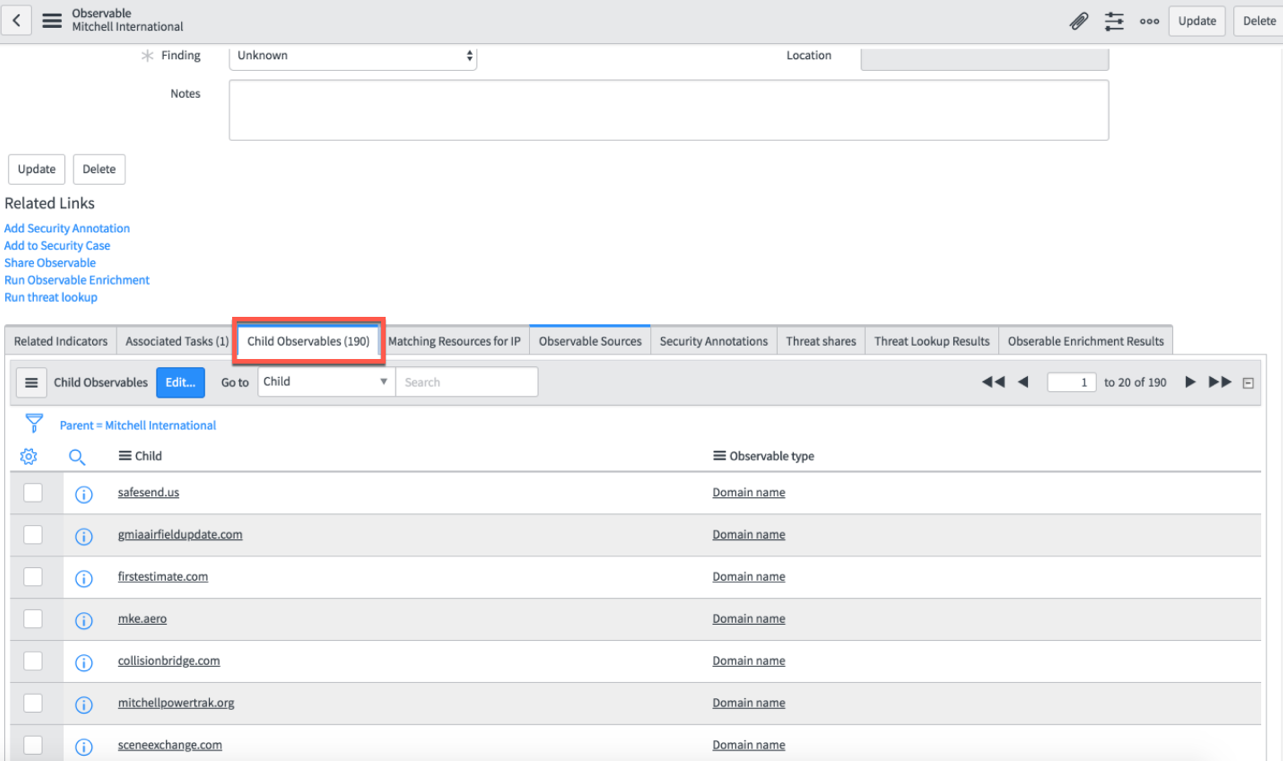 Child observables tab with results.