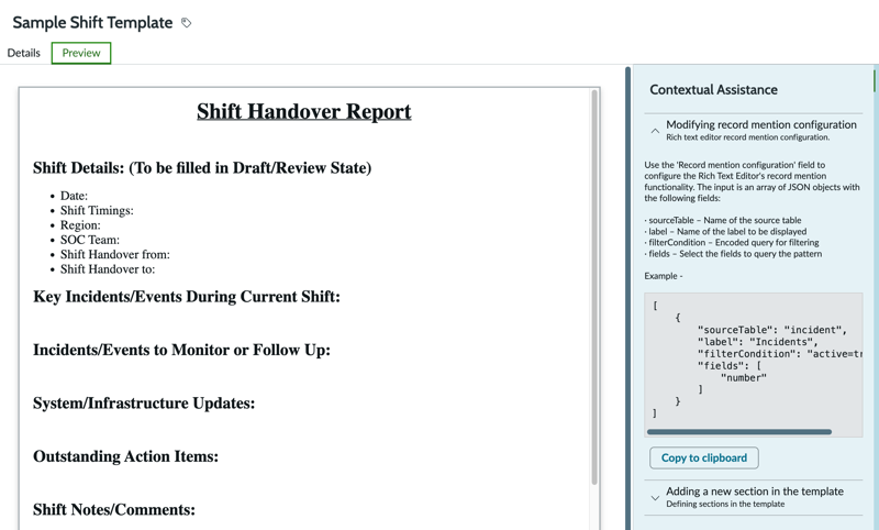 Preview of the Shift Handover template