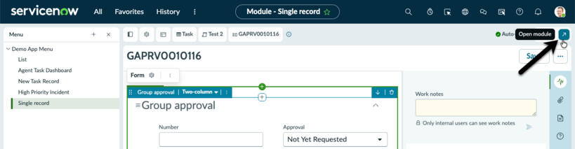 Arrow pointing the open module icon in the header.