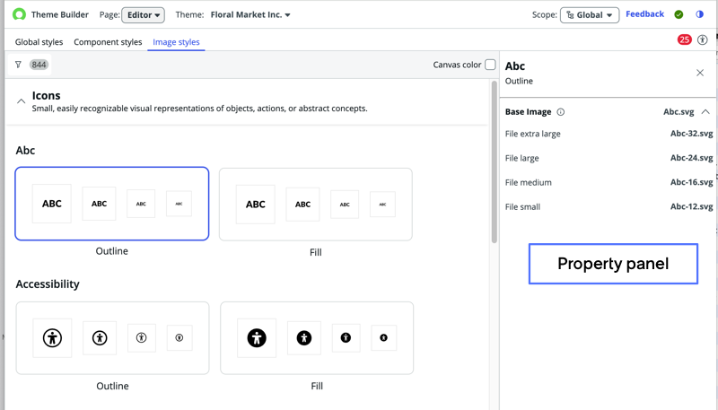 Image styles tab selected with icon illustrations listed on main stage and property panel opened.