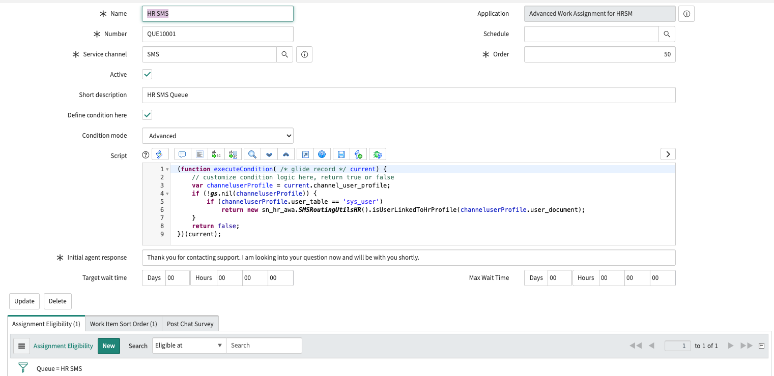 Configuration du formulaire SMS RH de file d'attente