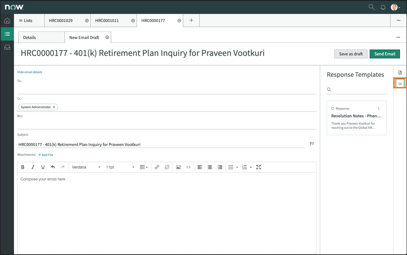 HR Agent WS - E-mail avec modèle de réponse