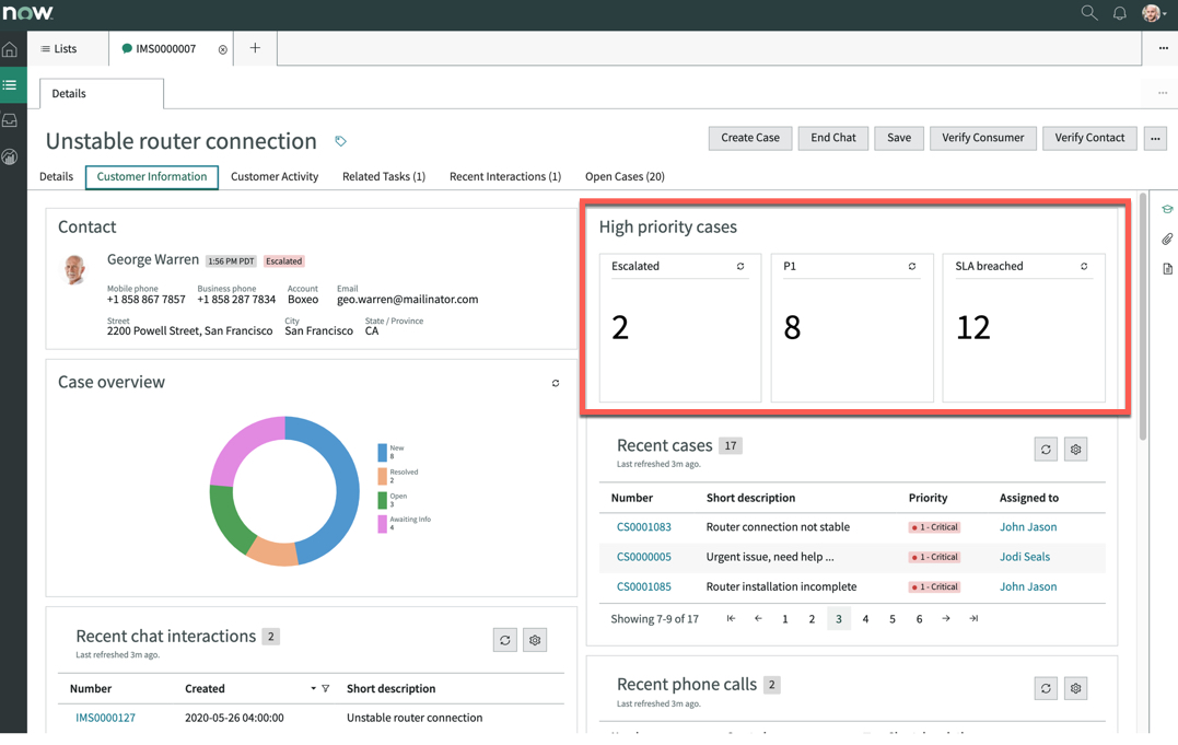 Configured report group shows high priority cases in the Customer Information view.