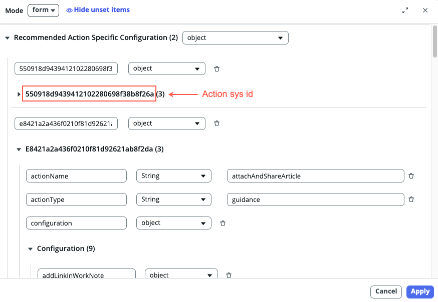 The recommended action specific configuration property includes sections for each guidance and settings that are specific to the actions in each guidance.