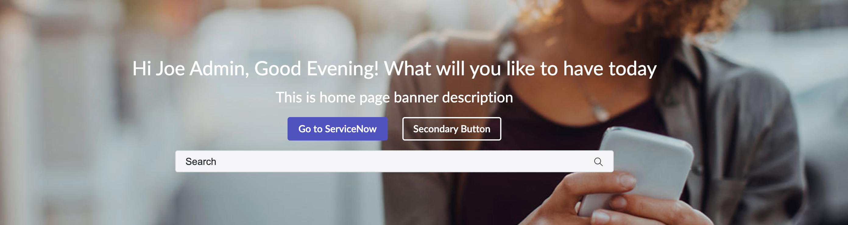 Portal Banner widget displaying greeting message, shortcut buttons, and search field on the portal page.