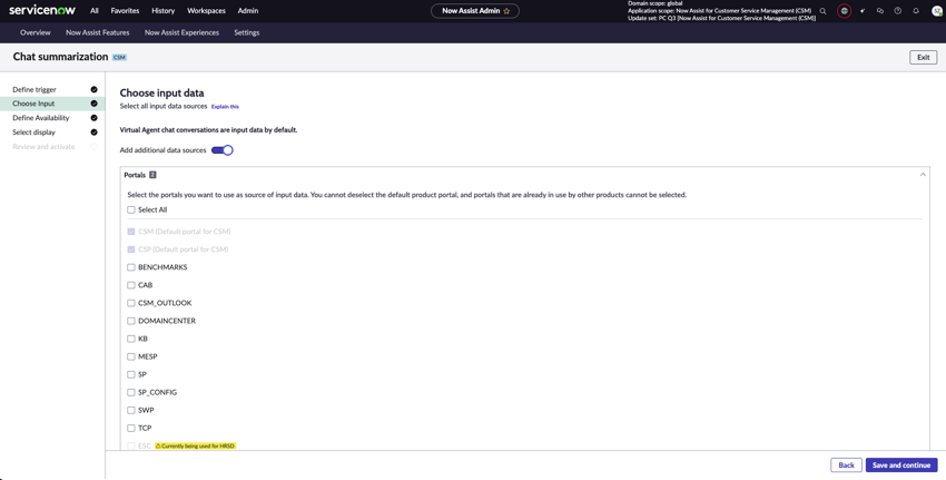Choose input screen for the Chat summarization skill.
