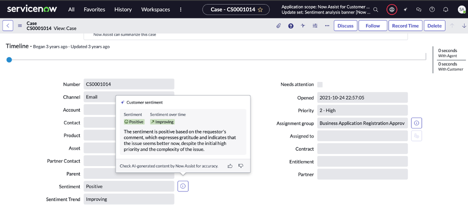 Sentiment analysis Core UI form view that displays the reasons for the sentiment