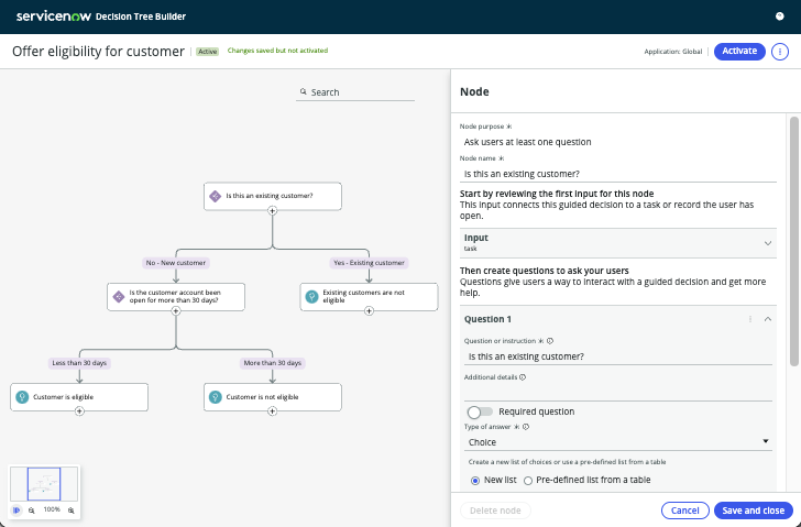Decision Tree Builder with a flow chart and a side panel that has node configuration properties.