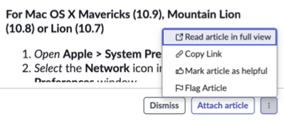 More actions enables the user to mark an article as helpful, flag an article, copy or expand the article
