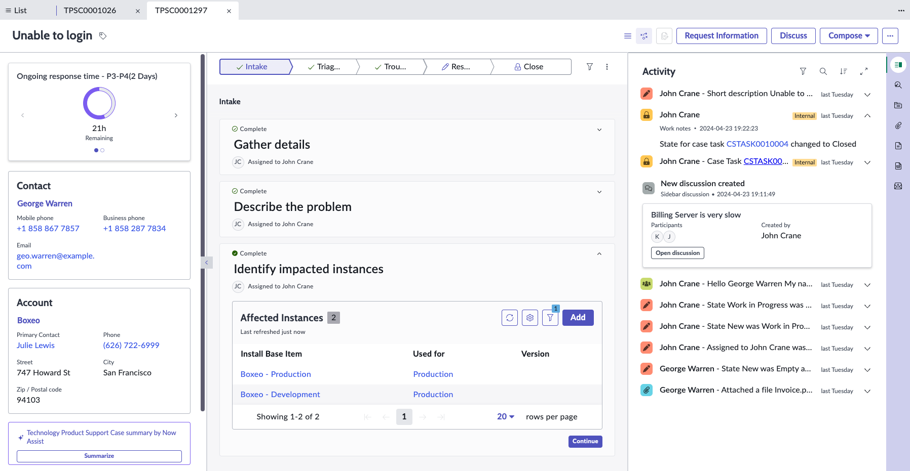 The Technology product support case playbook enables agents to focus on the contact and account information, the playbook stages and activities, and information in the contextual side panel.