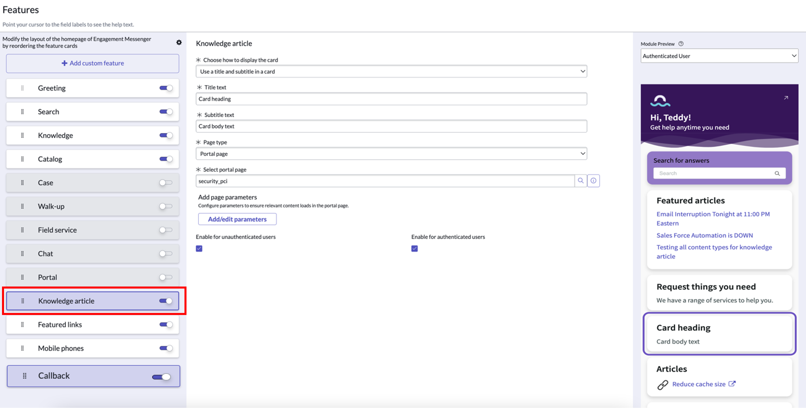 Configurable cards displaying a list of features you can customize. In this example, the portal page displays a title and subtitle as a card on the Engagement Messenger home page.