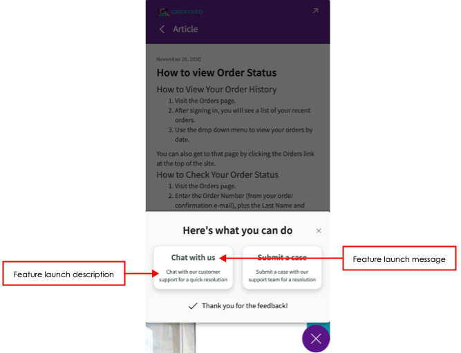 Widget displaying the Chat with us and Submit a case features along with their description.