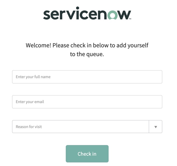 Check-in screen with fields to enter the customer name, email address, and a reason for the visit.
