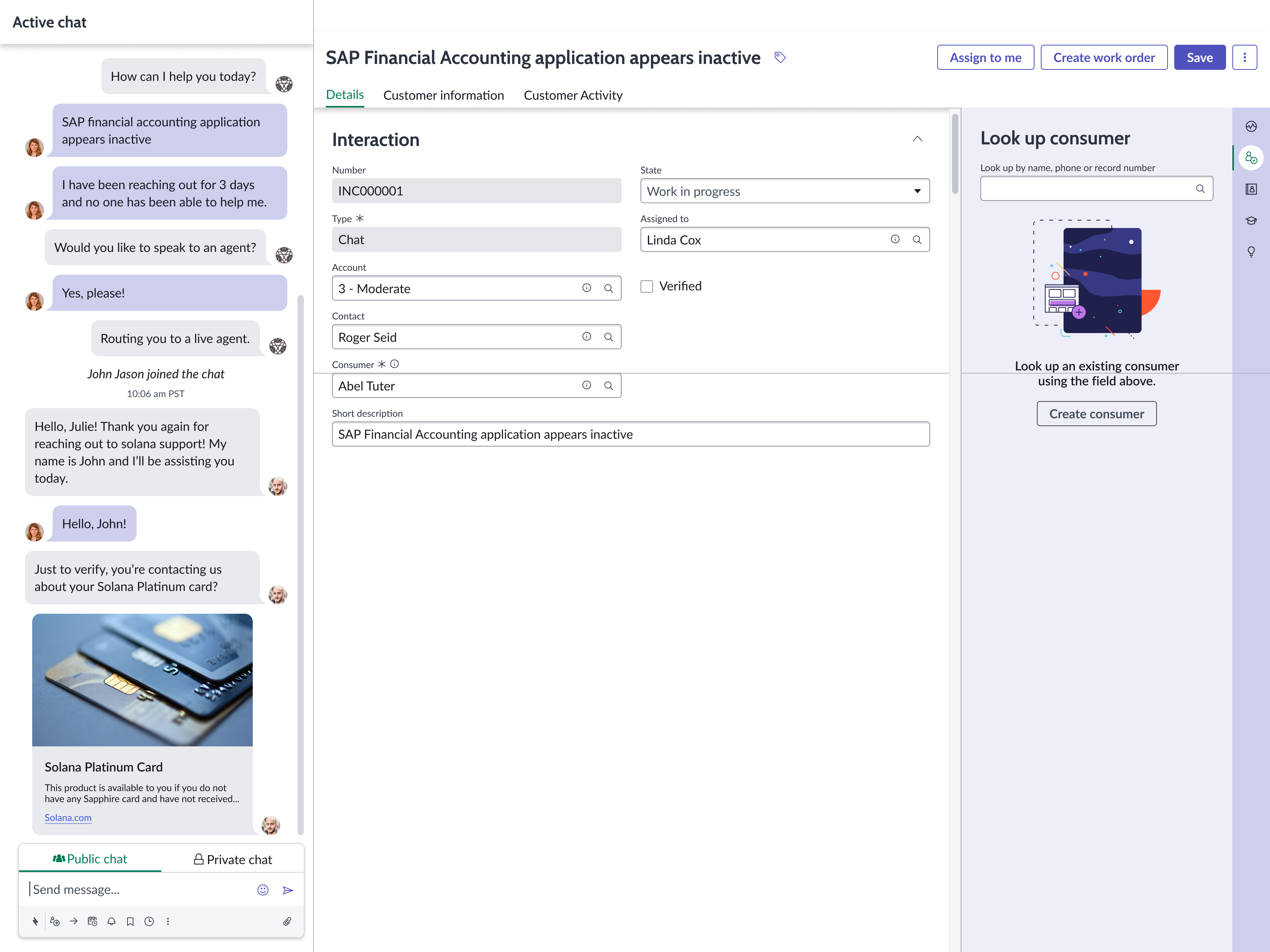 The CSM Interaction record page provides agents with the active chat panel, interaction details, and the ability to look up and verify a contact or consumer.