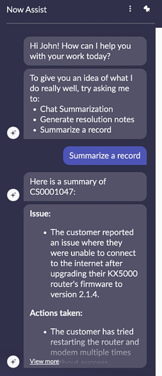 Now Assist panel with selections for chat summarization, case summarization, and resolution notes generation.