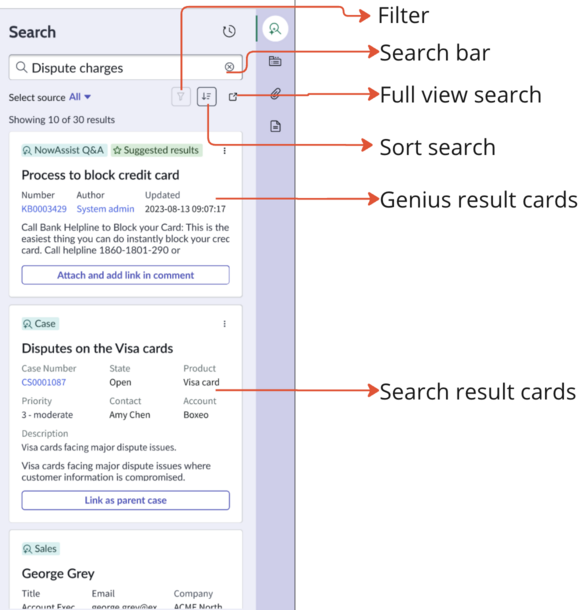 AI search cards in the contextual side panel with genius and search results.