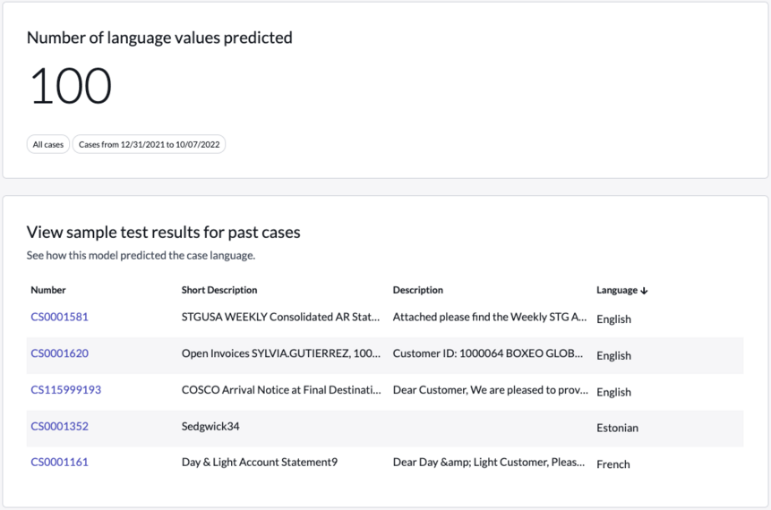 Language detection model providing a sample selection of test results with language predictions based on the past hundred cases.