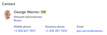 Component showing customer contact information, including name, email address, and phone numbers.