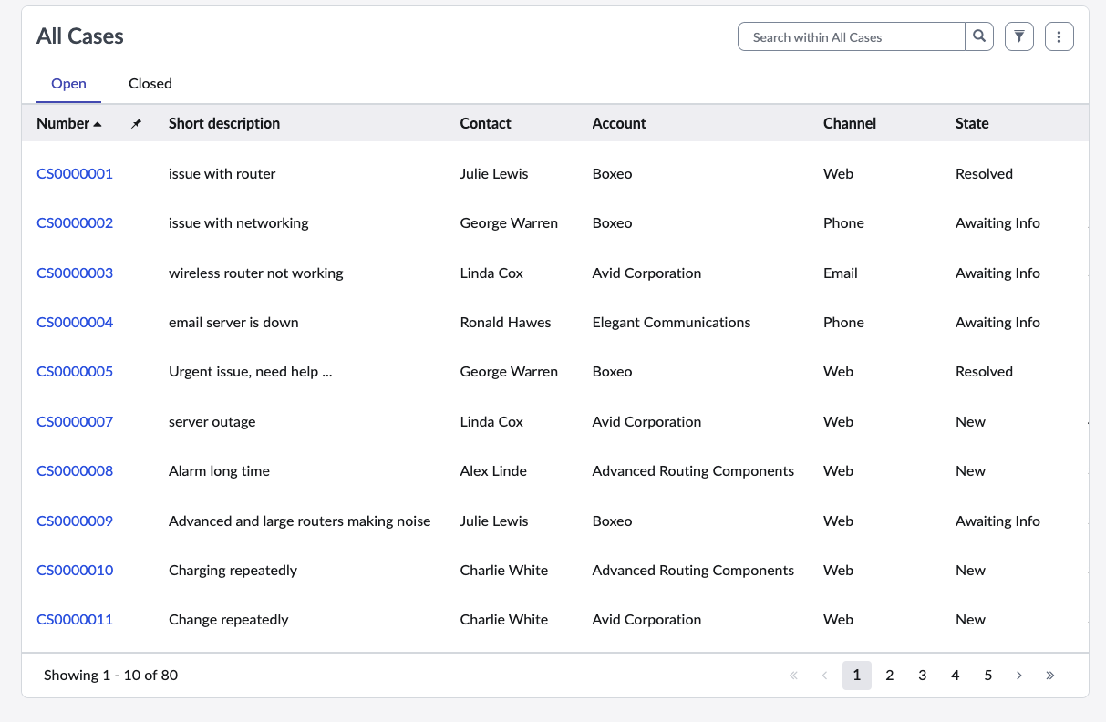 Data List widget displaying list of cases without categories.