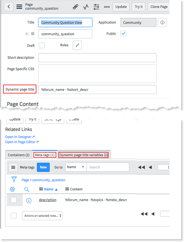Two screenshots: first displaying page details and highlighting the Dynamic page title field, second highlighting the Meta tags tab and Dynamic page title variables tab with the related list.