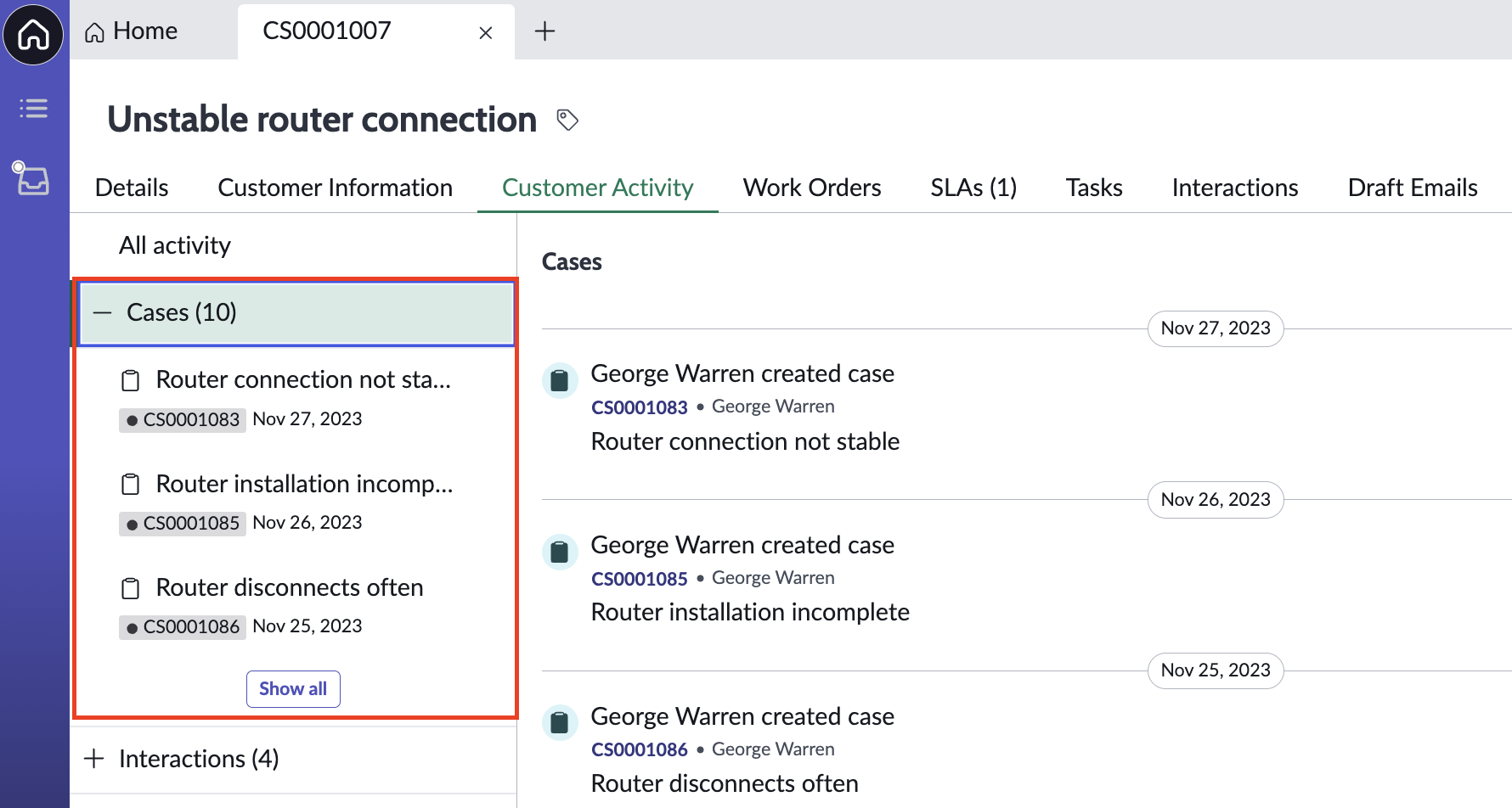 Customer Activity tab displaying Cases facet with list of cases and with a brief description.