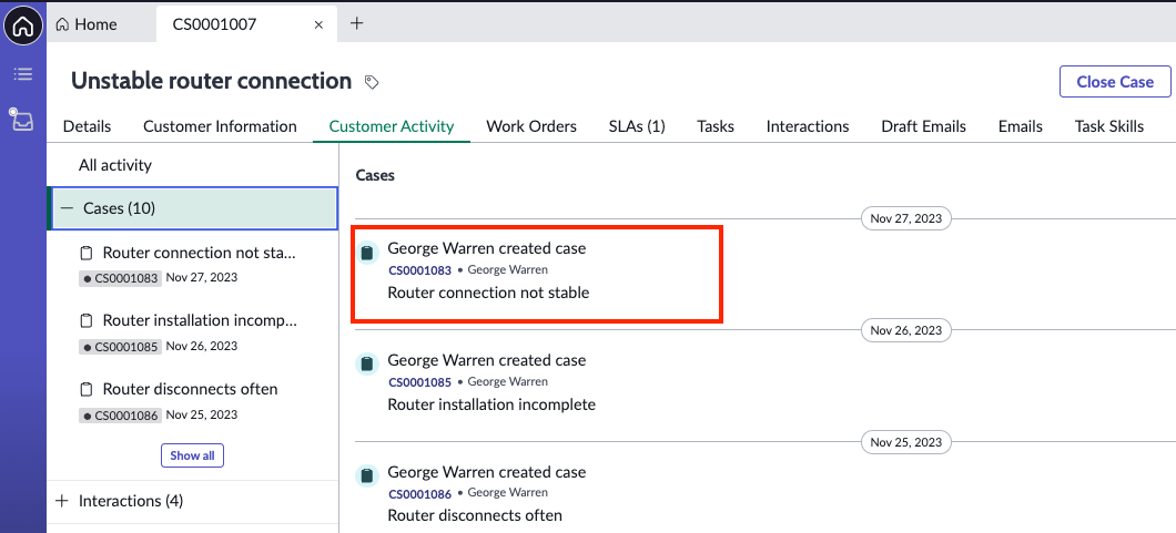 Agent Workspace displaying activity types in Customer Activity view. In this example, cases are highlighted on the Customer Activity tab.