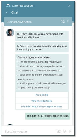 Chat window showing a customer's dissatisfied response to a field service agent's suggested steps to resolve an issue.