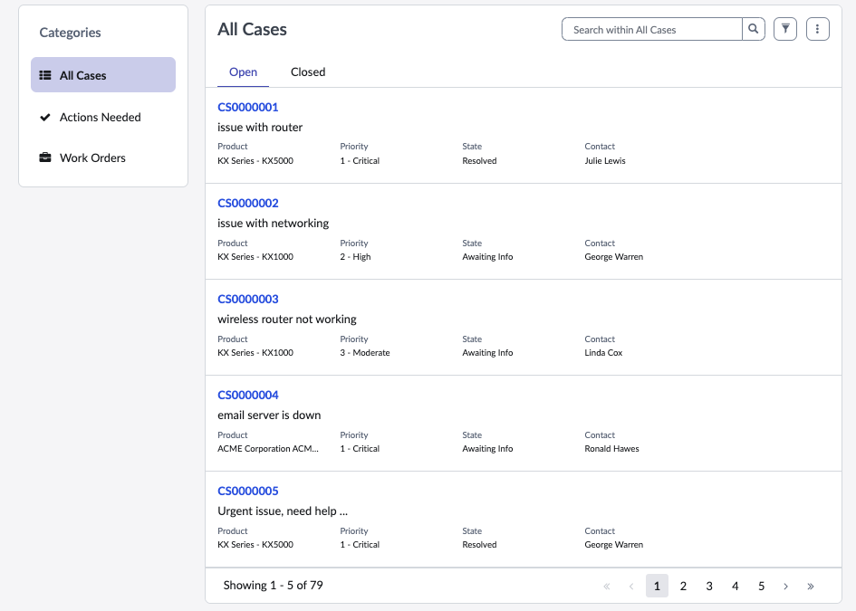 Portal Data List widget displaying different cases and their details in card format.