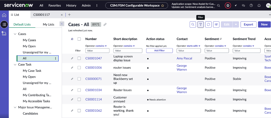 Sentiment analysis case list view