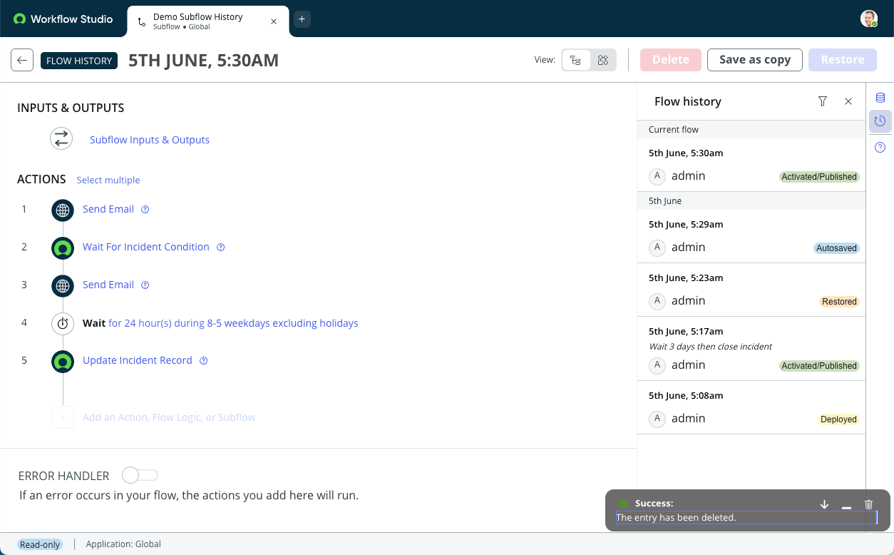 O Workflow Studio exibe a entrada de histórico de fluxo do subfluxo atual