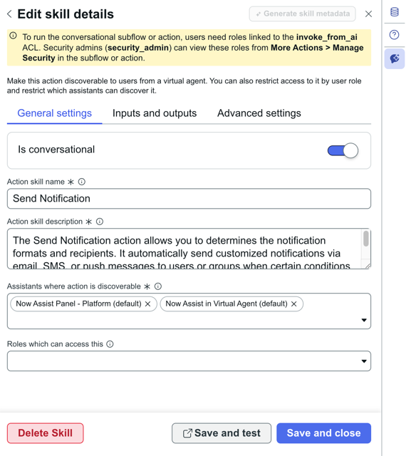 Exemplo de configurações gerais para a ação Enviar notificação.