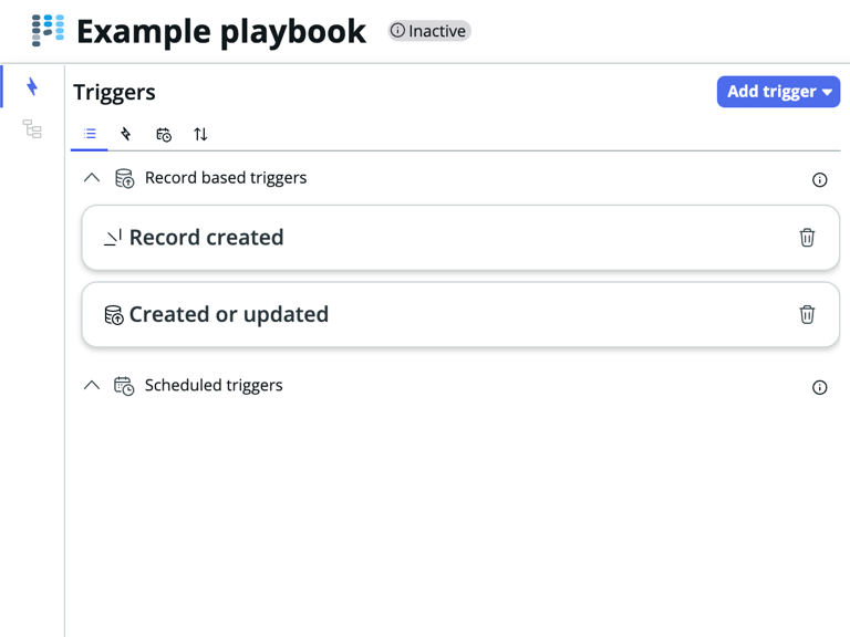 Gatilhos em playbooks com opções para editar, excluir ou criar gatilhos.