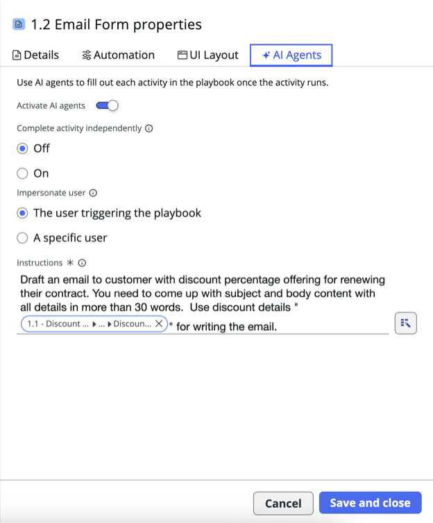 Side panel of an activity showing the AI agents tab and its settings.